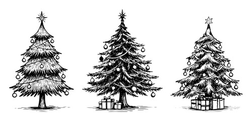 three decorated christmas trees with gifts in line