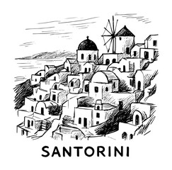 santorini greek village with white houses and windmill