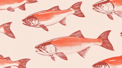 Seamless pattern of red salmon fish illustrations on a light pink background.