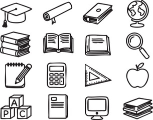 Hand drawn education and school doodles, academic icons including books, globe, diploma, and computer, perfect for classroom materials, learning tools, educational websites, school graphics