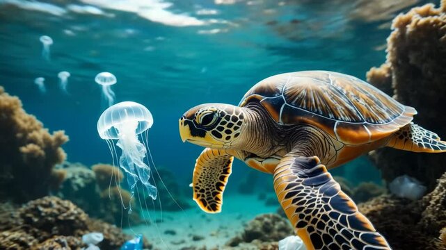 Ocean pollution concept: distinguishing between a jellyfish and a plastic bag floating under the sea, but a turtle cannot see the difference.