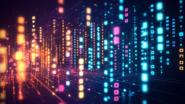 Colorful, abstract image of a cityscape with many different colored squares. The squares are arranged in a way that creates a sense of movement and energy