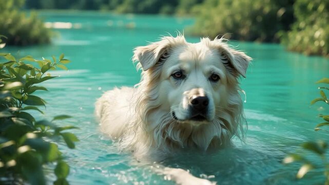 A Maremma Sheepdog relaxing in water