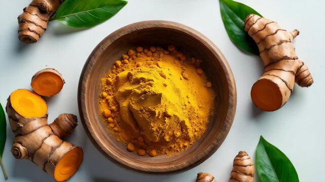 Turmeric root and turmeric powder displayed against a white background.