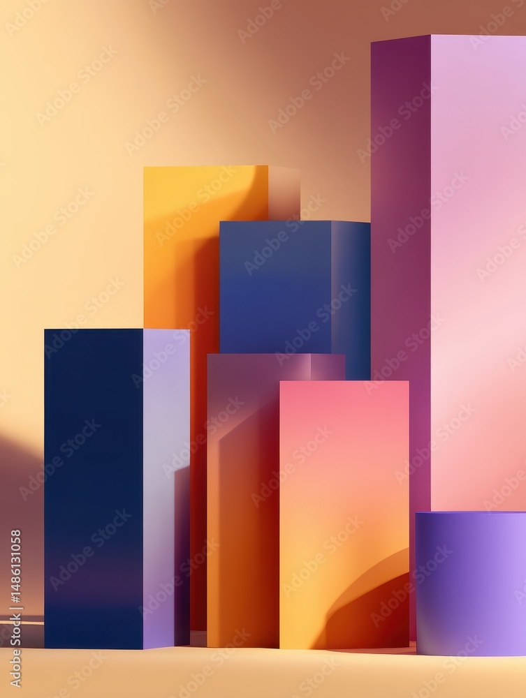 Poster abstract composition of colorful geometric shapes casting shadows on a soft gradient background