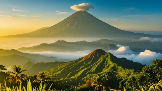 In the morning, the view of mount batur, a big volcano in bali on kintamani bangli indonesia, is amazing