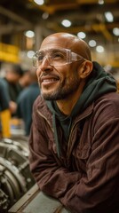 Hopeful Black man wearing safety glasses in industrial workspace