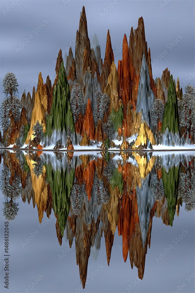 Poster abstract landscape with colorful rock formations and serene water reflection under a cloudy sky, cre