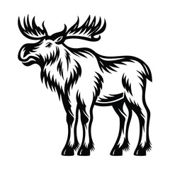 Black Silhouette of Moose with Large Antlers, Animal Wildlife Isolated