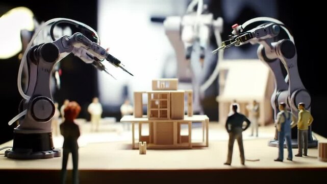 Miniature figures observe robotic arms building a model structure. Represents automation robotics futuristic construction methods and architectural modeling technology. Ideal for engineering 