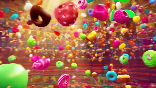 Colorful candyland adventure with floating sweets in a playful cartoon world