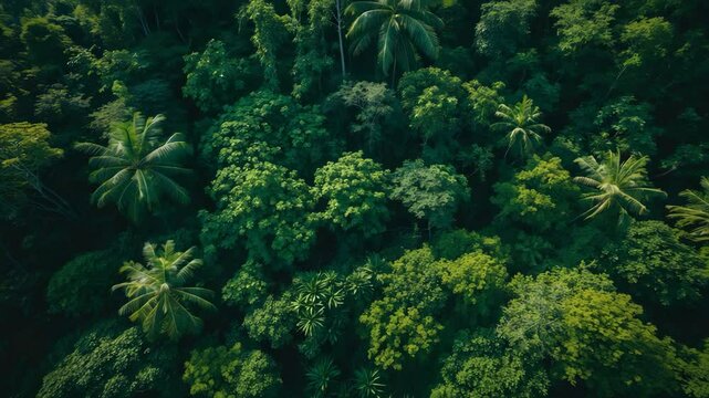 Bird's-eye view of varied forests, vibrant broadleaf trees. The rich ecological system of the woods emphasizes conservation and natural reforestation.