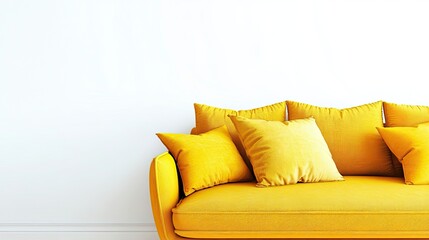 Yellow sofa with cushions, isolated on white