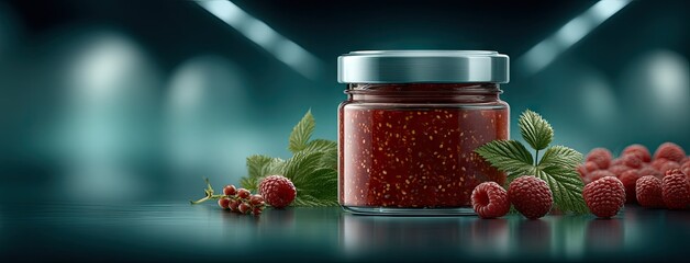 Fresh raspberries in a glass jar illuminated by studio lighting on a dark background, showcasing detail and color in a still life composition