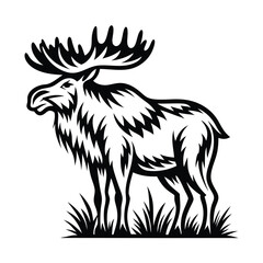 Majestic Moose with Large Antlers Black and White Silhouette Standing on Grass Wildlife