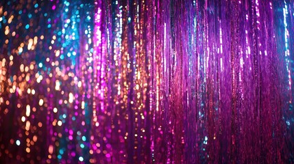 Tinsel festive curtain in blue and purple colors background.