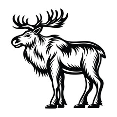 Standing Elk Silhouette, Wildlife Animal with Big Antlers in Bold Black and White