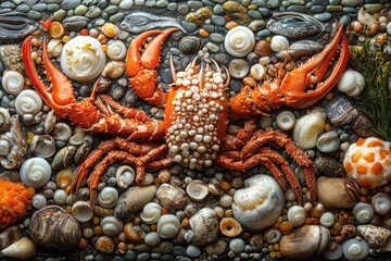 Mosaic Composition Displays Intricate Textures of Various Seafood in Vibrant Colors and Shapes