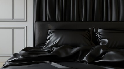 Minimalist black bed with elegant black silk bedding. Close-up.