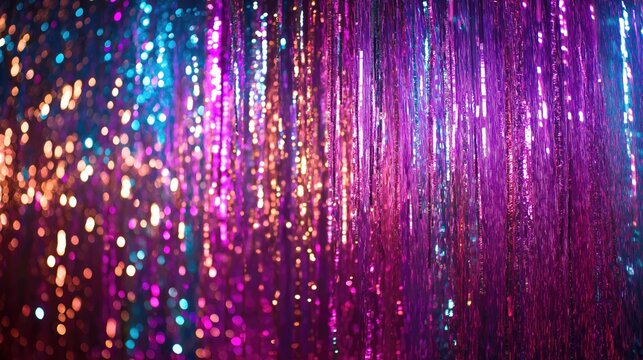 Tinsel festive curtain in blue and purple colors background.
