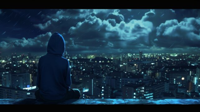 A lone, barefoot person in a hoodie sits contemplatively on a high-rise city ledge at night, overlooking a vast, detailed metropolis. Introspective urban solitude art.
