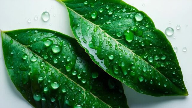 Isolated fresh green citrus leaves with water droplets on a white background