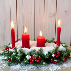 Advent Dekoration mit vier Kerzenflammen, Schnee, Tannenzweigen und Holz Hintergrund