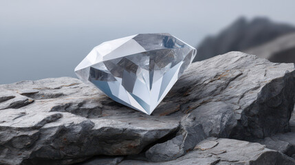 A brilliant, clear diamond sits majestically on a rough, gray rock formation, set against a blurred background of misty mountains under an overcast sky.