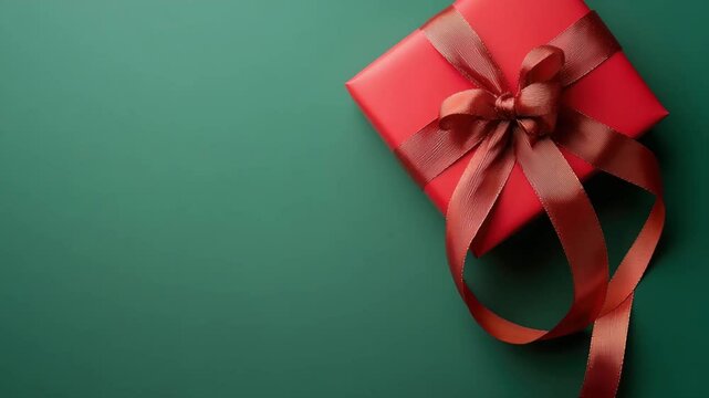Elegant red gift box with bow on green background for celebrations