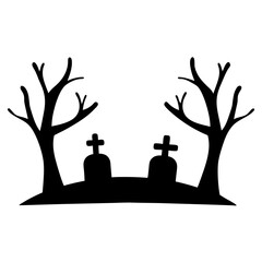 Spooky Cemetery Silhouette with Bare Trees for Halloween Decoration Design