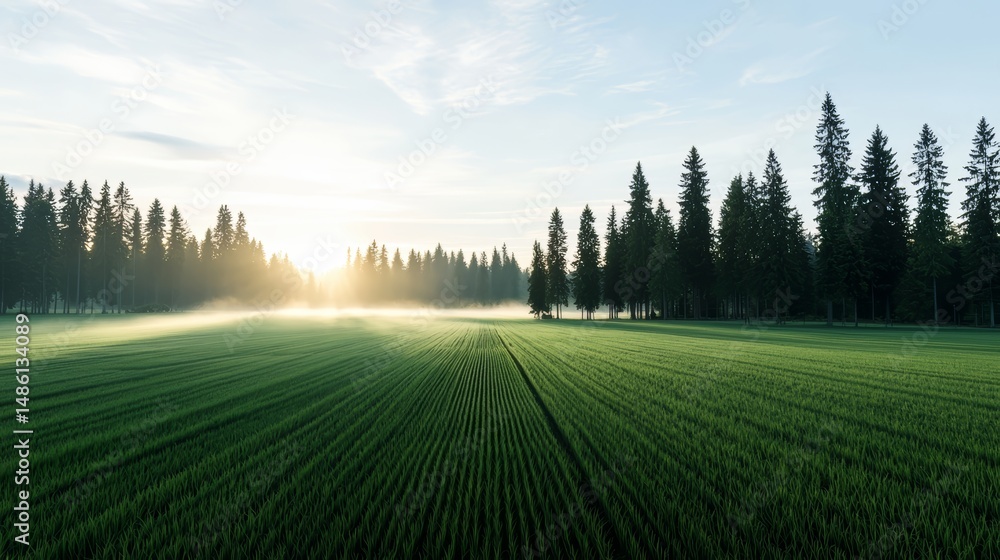 Poster field of green grass with a few trees in the background. the sky is blue and the sun is setting