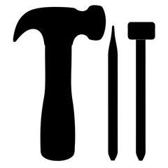 Silhouette of hammer, nail set, and nail representing carpentry construction tools