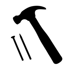 Black silhouette illustration of a hammer and nails on white background