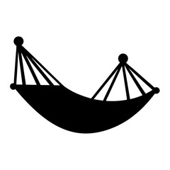 Stylized black silhouette of a hammock with ropes and spheres on white