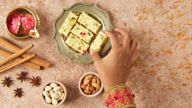 Traditional Indian Diwali Sweets Displayed on Festive Table in 4K &ndash; Celebratory Deepavali Treats with Lamps and Colorful Decor