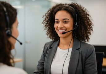 Woman with headset smiles during a conversation at a bright office location