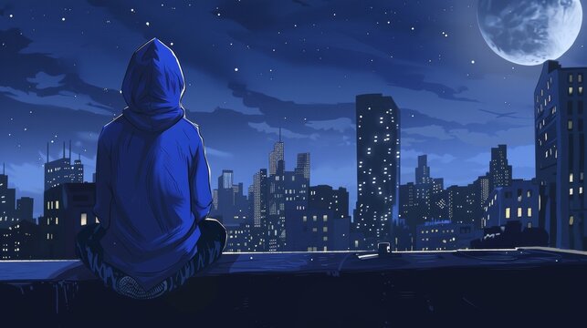 A lone, barefoot person in a hoodie sits contemplatively on a high-rise city ledge at night, overlooking a vast, detailed metropolis. Introspective urban solitude art.