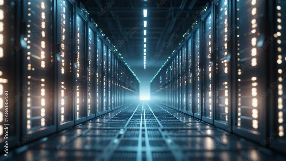 Poster overview of a modern data center showcasing server racks, storage, and networking technology
