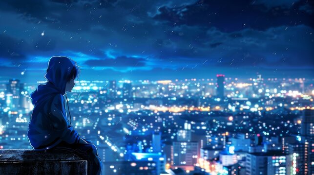 A lone, barefoot person in a hoodie sits contemplatively on a high-rise city ledge at night, overlooking a vast, detailed metropolis. Introspective urban solitude art.
