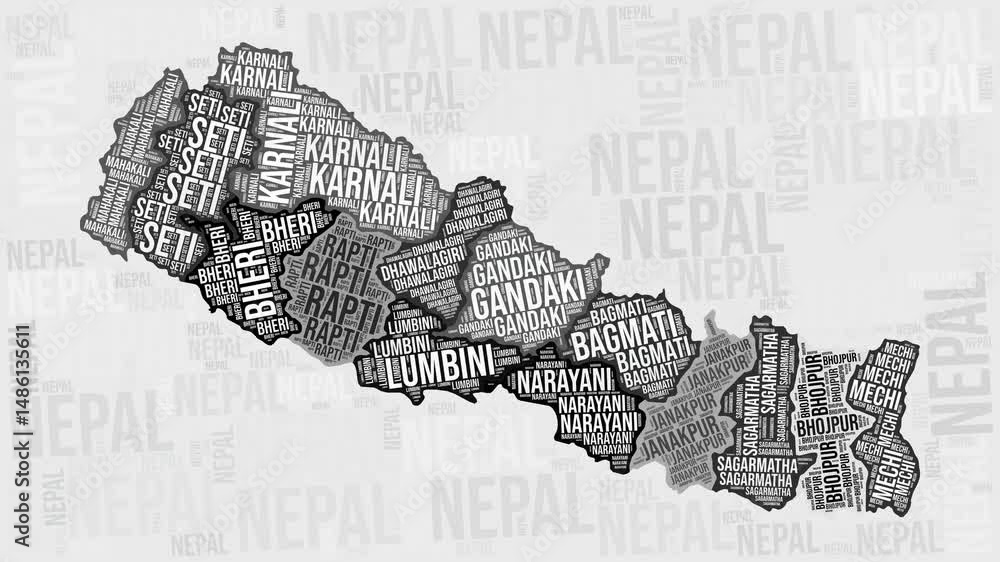 Aufkleber nepal animation. visual effect of nepal regions appearing in black and white word clouds style. coun
