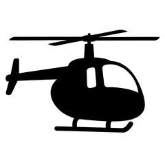 Silhouette of a helicopter with spinning blades and landing skids in black