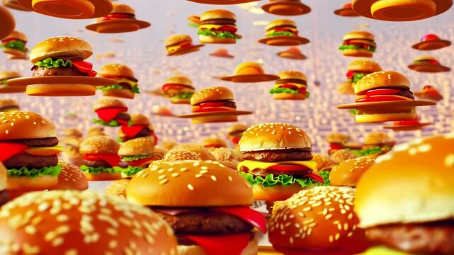 Animated fast food frenzy: flying burgers create a playful, colorful scene