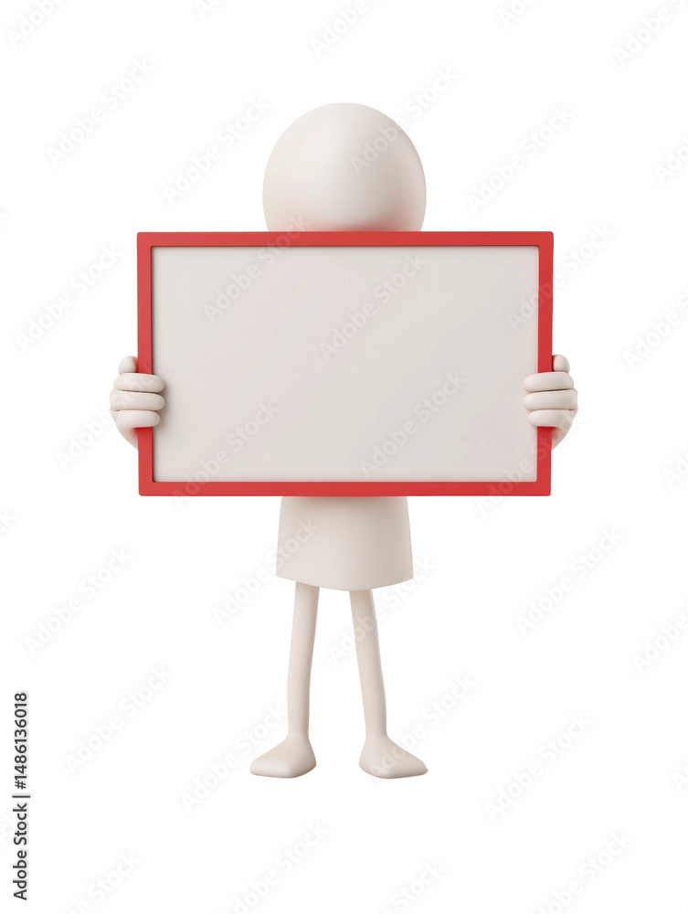 Poster Simple 3D Character Holding an Empty Red-Framed Signboard for Message