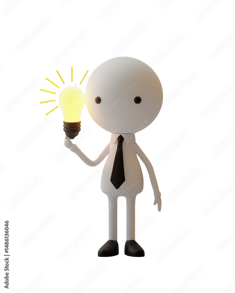 Poster conceptual 3d illustration of a stick figure with an illuminating light bulb