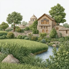 Naklejka premium Picturesque Stone Village by a Stream with Wheat Field