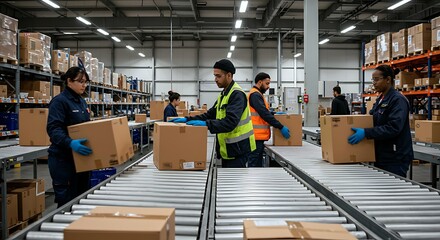 People organizing boxes on a conveyor belt in a well-lit, spacious warehouse setting
