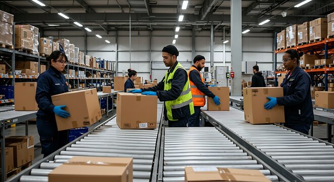 People organizing boxes on a conveyor belt in a well-lit, spacious warehouse setting