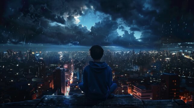 A lone, barefoot person in a hoodie sits contemplatively on a high-rise city ledge at night, overlooking a vast, detailed metropolis. Introspective urban solitude art.