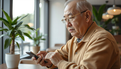 An elderly Chinese man uses a smartphone while sitting at a table in a cafe