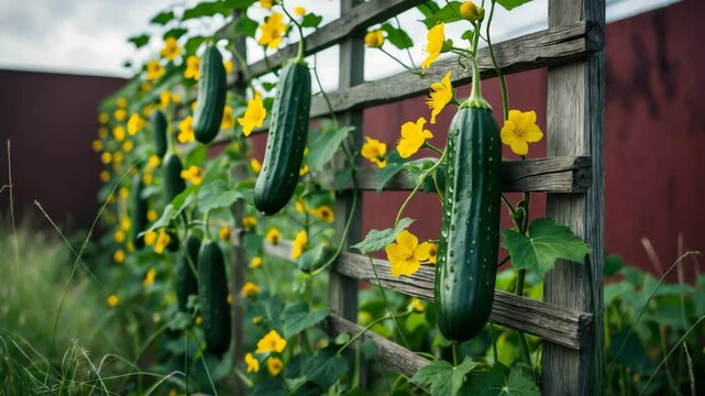 Young cucumber plants flourish and climb the trellis.